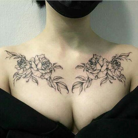 Gothic Collar Bone Tattoo, Chest Shoulder Tattoo Female, Chest Flower Tattoo, Floral Chest Tattoo Female, Flower Collar Bone Tattoo, Chest Tattoo Flowers, Rose Chest Tattoo, Crest Tattoo, Skull Tattoo Flowers