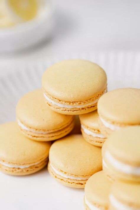 Lemon French Macarons Recipe Lemon Macaron Recipe, Lemon Macarons, French Macarons Recipe, Macarons Recipe, Blanched Almonds, Lemon Flavor, Macaron Recipe, Cookie Tray, Holiday Cookie