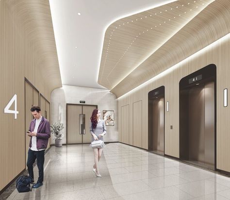 Office Building Lobby, Lift Lobby Design, Elevator Lobby Design, Zaha Hadid Interior, Staircase Architecture, Shopping Mall Interior, Lift Lobby, Elevator Lobby, Cinema Design