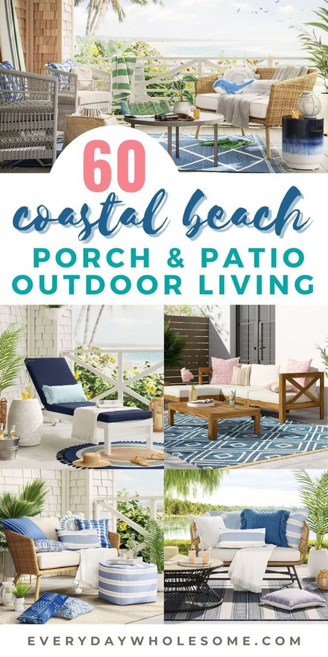 Coastal outdoor patio ideas to inspire your decor for your outdoor backyard living summer patio & front porch decor. Beach coastal decor, beach house decor, coastal home, coastal exteriors outdoor living ideas, modern coastal home or coastal farmhouse decor for your outdoor coastal living room or outdoor coastal farmhouse kitchen. patio decorating ideas, backyard patio design, deck decorating,  backyard patio designs and makeovers, small Coastal Front Porch Ideas, Coastal Outdoor Patio, Coastal Porch Decor, Coastal Exteriors, Coastal Patio Ideas, Outdoor Coastal Decor, Decorating Backyard, Coastal Outdoor Living, Patio Color Schemes