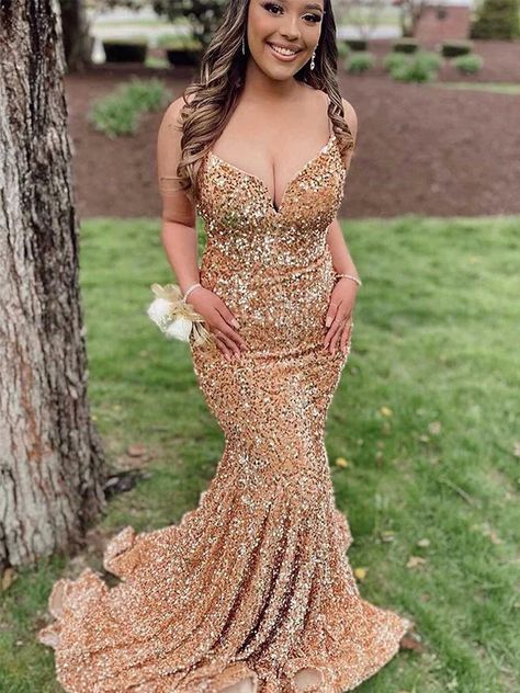 Sexy Spaghetti Straps V-neck Mermaid Sequins Marigold Long Evening Pro – RomanBridal Gold Sparkly Prom Dresses, Prom Pics, 2023 Prom, Best Prom Dresses, Shiny Dresses, Mermaid Sequin, Long Prom Gowns, Sequin Sleeve, Evening Dress Fashion