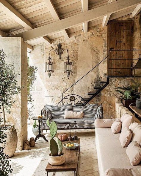 Outdoor open air living area in a villa in Sicily, Italy  #outdoor #outdoorliving #outdoordesign #outdoordining #sicily #villa #italy #rusticdecor Tuscan Decor, Gorgeous Kitchens, Cool Ideas, Spanish Style, Outdoor Rooms, Stone Wall, Garden Room, Best Interior, Interior Design Inspiration