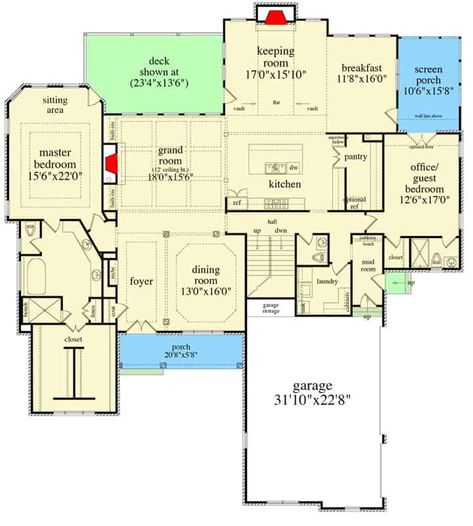 Floor Plan With Bonus Room, House Plans With Keeping Room, 8 Bedroom House, Craftsman Floor Plan, French Entry Doors, Finish Basement, Grand Room, Cedar Shake, Basement Floor Plans