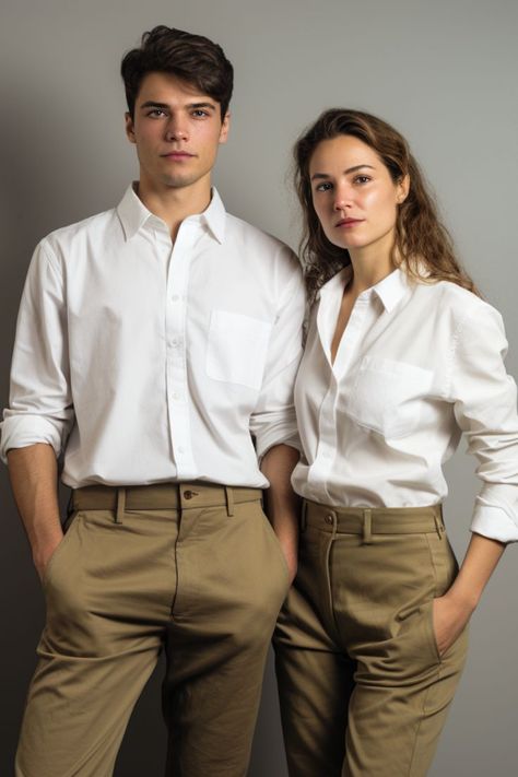 Crisp White Shirt with Khaki Pants Khaki And White Outfits, Khaki Pants Men, Crisp White Shirt, Stylish Outfit, Men Fashion Casual Outfits, Couple Outfits, Pants Men, Colourful Outfits, White Outfits