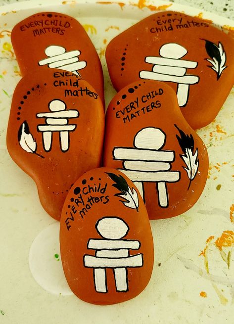 Painted rocks Indigenous Rock Painting, Every Child Matters Activities For Kids, Native Rock Painting, Orange Painted Rock, Truth And Reconciliation Crafts, Every Child Matters Craft For Kids, National Day For Truth And Reconciliation Activities For Kids, Every Child Matters Art For Kids, Indigenous Art For Kids Canada