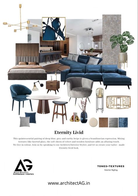 Blue Moodboard Interior, Mood Board Blue Interior Design, Interior Design Moodboard Presentation, Colorful Contemporary Interior Design, Blue Mood Board Interior, Blue Interior Moodboard, Contemporary Mood Board Interior Design, Interior Mood Board Ideas, Contemporary Moodboard