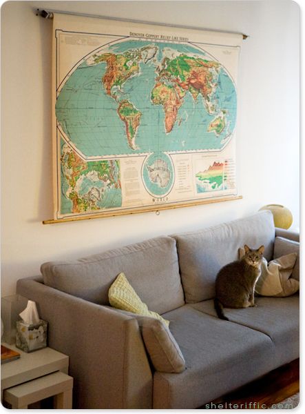 Maps in Home Decor - Vintage Classroom Map - www.AFriendAfar.com - A Friend Afar Living Room Map Decor, Vintage Map Art, Maps On Wall, Map On Wall, Vintage Paris Map, Vintage Classroom, Hide Tv, Classroom Map, Deco Tv