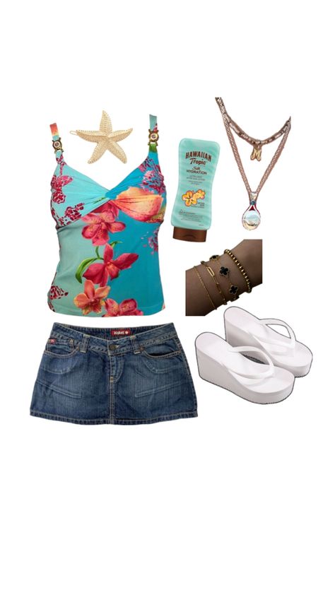 summer outfit blue pink Hawaii hibiscus Hawaiian tropic fit inspo aesthetic summer beach Pink Hawaii, Aesthetic Summer Beach, Hawaii Hibiscus, Tropical Outfit, Hawaiian Tropic, Hawaiian Outfit, Blue Beach, Outfit Aesthetic, Aesthetic Summer