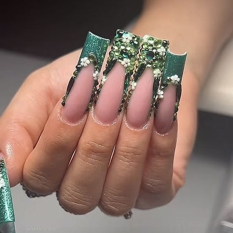 Green French Tip With Gems, Gem French Tip, Green Gem Nails, Ethereal Nails, Quince Nails, Flare Nails, Pink Quince, Gold Acrylic Nails, Nail Goals