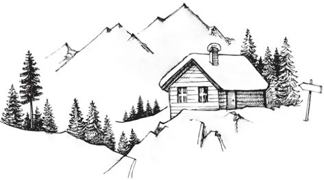 Cabin In Winter, Landscape Vector Illustration, Mountain Sketch, Landscape Pencil Drawings, Landscape Vector, Wood Cabin, Realistic Sketch, Mountain Drawing, Nature Sketch