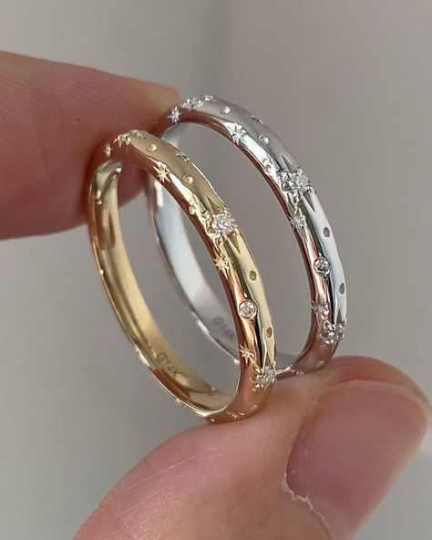 Rings Celestial Wedding Band, Stacked Engagement Rings, Engagement Rings Stacked, Ring Stacking Ideas Wedding Bands, Ring Engraving Ideas, Wedding Ring Stack, North Star Ring, Star Wedding Band, Engraved Wedding Band