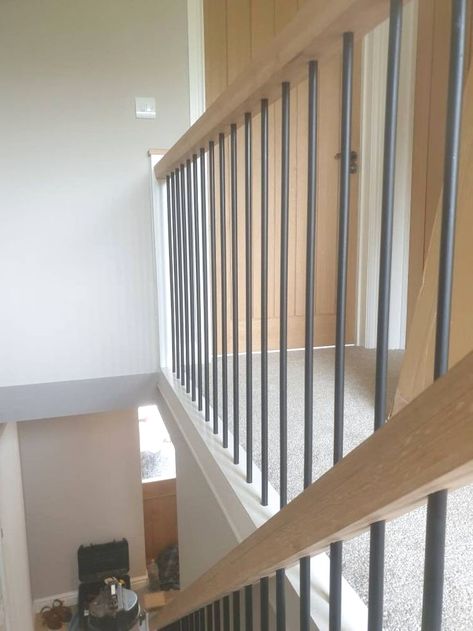 #stairs #stairsdecor #remodeling Metal Interior Railings, Oak Stairs With Iron Spindles, Stairwell Banister Ideas, Removable Railings For Stairs, Oak And Iron Staircase, Scandi Staircase, Banisters And Railings Farmhouse, Wood And Iron Stair Railing Modern, Staircase Ideas Wood