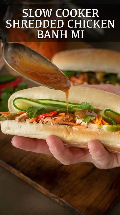 1 reviews · 6 hours · Serves 4 · Chicken breasts are slow cooked in a delicious sauce then added to rolls and topped with a spicy carrot slaw, cucumber and cilantro.