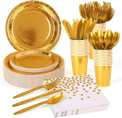 175 PCS DISPOSABLE TABLEWARE SET FOR PARTY: Each set contains 25 packs of 9-inch plates, 25 packs of 7-inch plates, 25 packs of 9oz cups, 25 packs of napkins, 25 Packs of Knives,25 Packs of forks, 25 Packs of spoons which can be able to provide tableware for 25 guests. A package can cater for everything you need, welcome to order! HIGH QUALITY MATERIAL: Our tableware set adopts food grade, non-toxic, BPA-free plastic which can protect your health and it is the best choice for you and your guest. Gold Paper Plates, Gold Plastic Plates, Plastic Dinnerware Sets, Gold Dinnerware, Plastic Forks, White Napkins, Golden Birthday, Plastic Spoons, Gold Paper