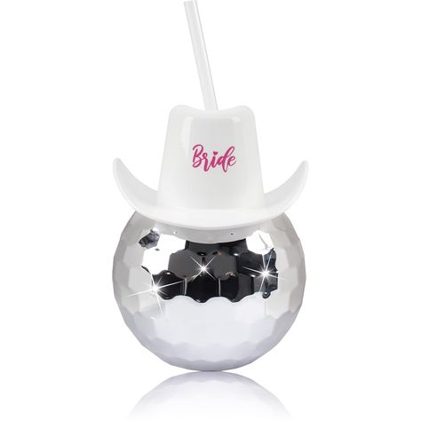 PRICES MAY VARY. 🍹【Generous 20oz Capacity】- Our Disco Ball Cups come with straws and hold a generous 20 ounces of your favorite beverages. Stay hydrated and enjoy more of your refreshing drinks without constant refills. These bachelorette party cups are a perfect addition to your bachelorette party supplies. 🎩【Unique Design with 'Bride'】- Our Disco Ball Cups feature a fun and quirky design with a lid shaped like a white cowboy hat. The cup's mouth has a spiral design to prevent drink spillage, Disco Bridal Shower Ideas, Disco Ball Bachelorette Decor, Disco Bachelorette Gift Bags, Disco Batchloret, Disco Ball Cups Bachelorette, Disco Ball Cups, Disco Cowgirl Bachelorette Invitation, Disco Ball Cup, Silver Disco Ball