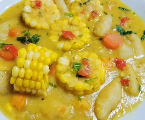 Trini Corn Soup Recipe, Peas And Dumplings, Trinidad Corn Soup Recipe, Veg Soup Recipes, Corn Soup Recipes, Potato Bacon Soup, Thyme Salt, Trinidad Recipes, Trini Food