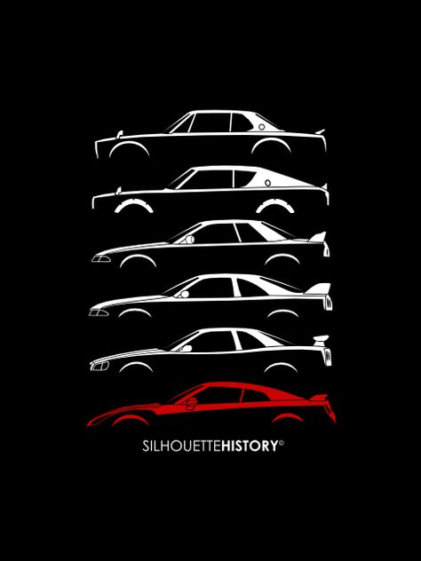 GeeTeeAru SilhouetteHistory  Silhouettes of the six generations of Datsun/Nissan Skyline GT-R: PGC10 (Hakosuka), KPGC110 (Kenmeri), R32, R33, R34 and R35 R34 Gtr, R35 Gtr, Nissan Skyline Gt R, Car Silhouette, Gtr R35, Nissan Skyline Gt, Nissan Gtr Skyline, Nissan Skyline Gtr, Gt Cars