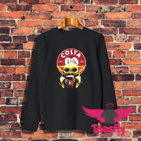 Baby Yoda Hug Costa Coffee Sweatshirt Yoda Drink, Yoda Art, Costa Coffee, Cheap Sweatshirts, Coffee Sweatshirt, Fresh Sneakers, Cheap Custom, Soft Air, Sweatshirt Designs