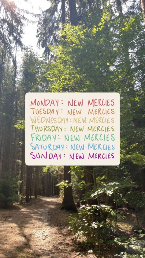 Forest photo with sketchy colorful words saying “Monday: New mercies” and continuing through the days of the week New Mercies, Mercy Me, Great Is Your Faithfulness, Girls Diary, Bible