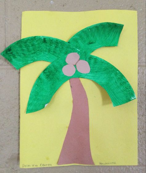 Supplies needed: -Dark Brown paper -Light brown -Glue -Yellow paper -Paper plates -Green paint & paint brushes Prep: 1) Cut out palm tree trunk using dark brown paper 2) Cut out light brown circles for coconuts (3 per kid) 2) Cut the edges off of paper plates (4 per kid) Steps: 1) kids paint the pre cut paper plate edges (just a few dots of green paint needed) 2) kids will glue their painted palm tree leaves, coconuts and trunk onto a yellow piece of paper Palm Tree Craft For Toddlers, Paper Plate Palm Tree Craft, Onam Activities For Kids, Palm Tree Crafts For Kids, Palm Tree Trunk, Palm Tree Crafts, Preschool Activities Printable, Palm Tree Art, Palm Tree Leaves