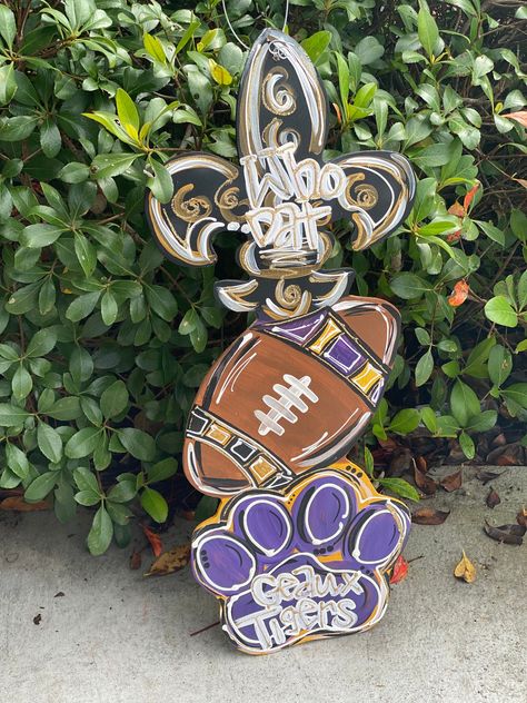 Football door hanger Saints Door Hanger, Lsu Door Hanger, Louisiana Door Hangers, New Orleans Saints Porch Sign, New Orleans Saints Door Hanger, Lsu And Saints Door Hanger, Football Shaped Door Hanger, Lsu Wood Art, Penny Craft