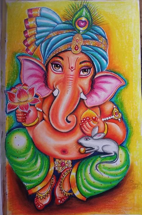 Prosenjit arts Ganesha Colour Pencil Art, Pastel Colour Drawing Ideas, Ganpati Art, Marriage Art, God Drawing, God Painting, Ganesha Drawing, Painting Indian, Ganesh Art Paintings