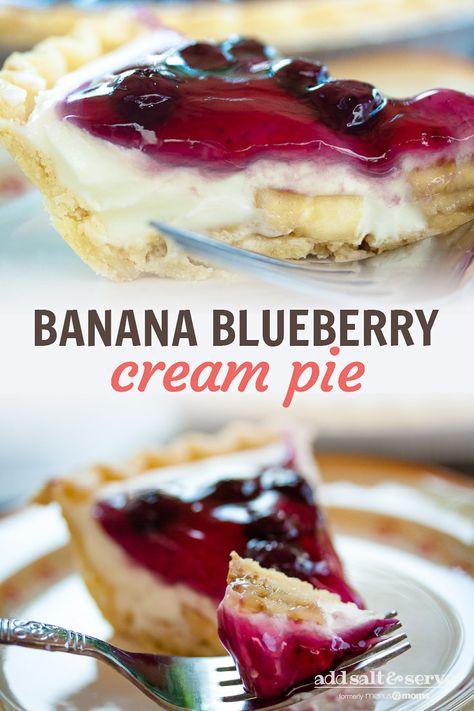 Blueberry Banana Cream Cheese Pie, Blueberry Banana Cheesecake, Blueberry Banana Cream Pie, Banana Blueberry Dessert, Banana And Blueberry Recipes, Blueberry Banana Pie Recipe, Dream Whip Pie, Bannana Cream Pie, Blueberry Banana Pie