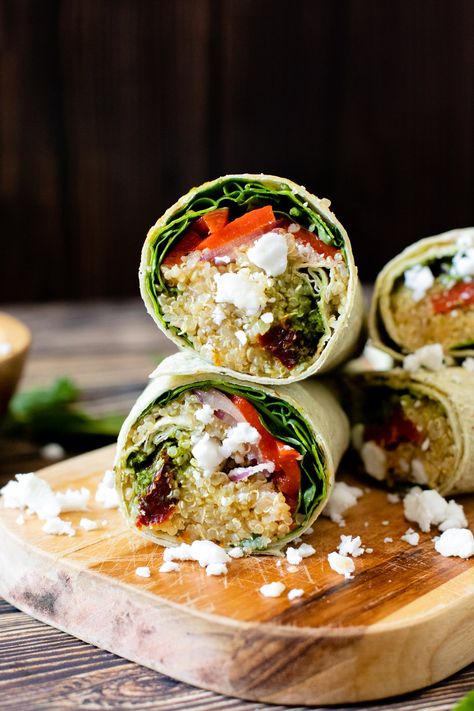 Mediterranean Quinoa Wraps Quinoa Wrap Recipes, Quinoa Wraps, Quinoa Wrap, Mediterranean Quinoa, Vegan Feta, Spinach Wraps, Vegan Wraps, Vegan Quinoa, Vegan Pesto