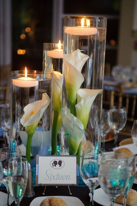 Submerged Calla Lilies - Photo by Jamie K. Photography. Planning & Design by My Bellissima Masquerade Inspiration, Vase Tube, Cala Lillies, Diy Centerpiece, Blue Centerpieces, Pretty Mess, Senior Activities, Pure Elegance, Plan My Wedding