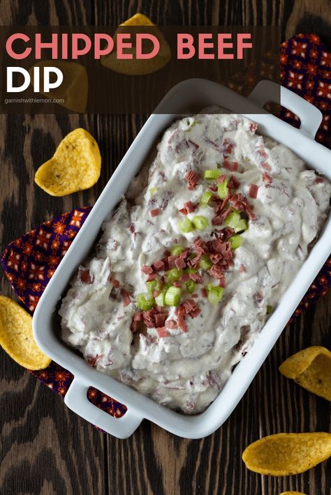 There is a reason this Chipped Beef Dip recipe has been around for years. Classic appetizer recipes never go out of style! #dips #tailgating #appetizers #recipes #partyfood Hot Chip Beef Dip Recipe, Dried Beef Pickle Dip, Chipped Beef Dip Bread Bowl, Hot Chipped Beef Dip Recipes, Chipped Beef Dip Warm, Hot Beef Dip, Pickle Dip Recipe With Dried Beef, Budding Beef Dip, Buddig Beef Dip