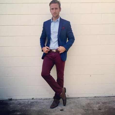 #express #expressrunway #Burgundy #pants #Blue #blazer #shirt #brown #fashion #mens #ootd Burgundy Pants Outfit Mens, Burgundy Chinos Men Outfits, Maroon Pants Outfit Men, Wine Blazer Outfit Men, Mens Burgundy Dress Shoes, Burgundy Pants Men, Burgundy Chinos, Burgundy Pants Outfit, Chinos Men Outfit