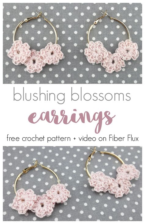 Blushing Blossoms Earrings, Free Crochet Pattern + Video Tutorial - fiberfluxblog.com Crochet Earrings Free Pattern, Crochet Hoop Earrings, Crochet Hoop, Amigurumi Keychain, Rainbow Laces, Keychain Craft, Crochet Jewelry Patterns, Crochet Earrings Pattern, Lace Weight Yarn