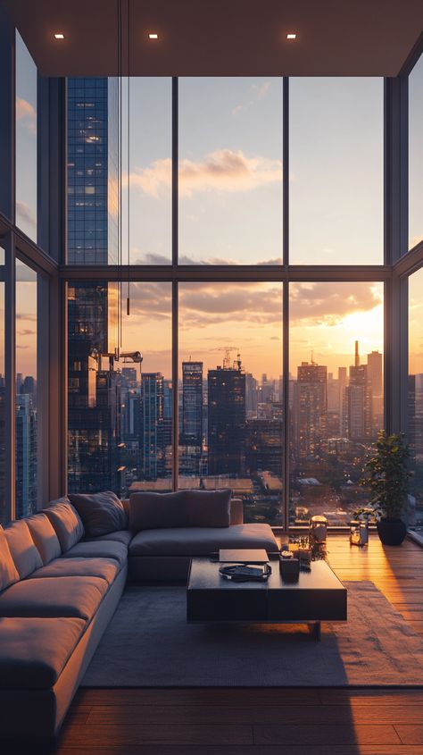 Contemporary High Rise With Skyline Views from Floor to Ceiling Windows Tall Windows Living Room High Ceilings, City From Window, Apartment Skyline, Floor To Ceiling Windows Apartment, Luxury Penthouse Living Room, Highrise Apartment, Penthouse Living Room, High Rise Apartment, Modern Industrial Loft