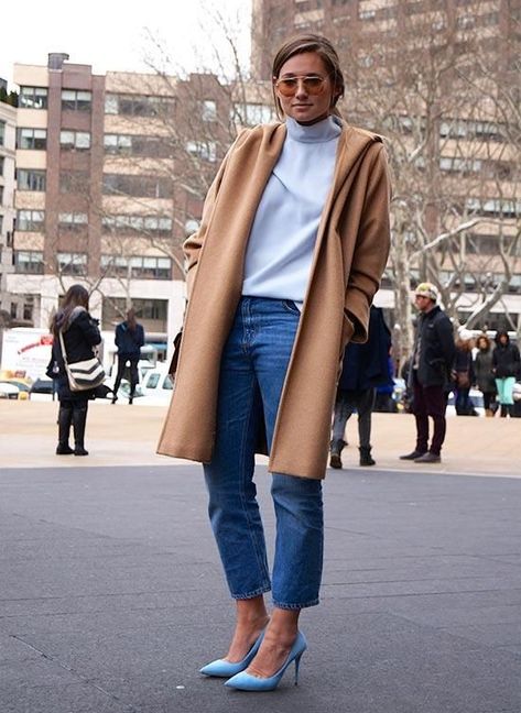 Light Blue Pumps Outfit, Light Blue Heels Outfit, Light Blue Turtleneck Outfit, Denim Heels Outfit, Blue Heels Outfit, Camel Coat Outfit Classy, Baby Blue Heels, Light Blue Turtleneck, Camel Coat Outfit