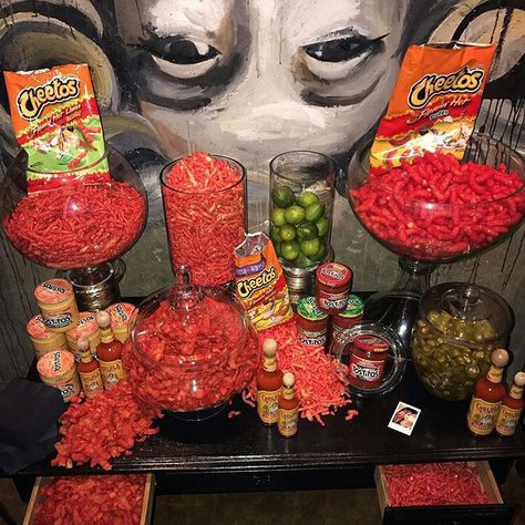 Hot Cheeto Table for Mexican Fiesta Mexican Birthday Parties, Mexican Party Decorations, Mexican Snacks, Fiesta Birthday Party, Mexican Birthday, Mexican Candy, Fiesta Theme Party, Mexican Party Theme, Sleepover Food