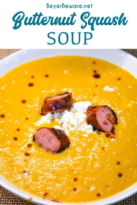 Butternut Squash Soup With Meat, Butternut Sausage Soup, Italian Sausage Butternut Squash Soup, Butternut Squash Sausage Soup, Sausage Soup Crockpot, Soup With Smoked Sausage, Butternut Squash Sausage, Savory Butternut Squash, Healthy Butternut Squash