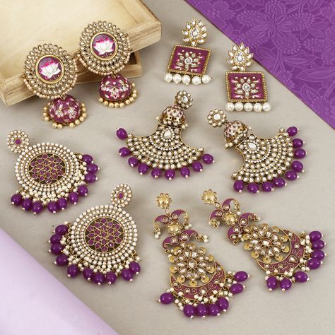 Indian Heavy Earrings, Purple Earrings Indian, Purple Jhumka, Kundan Ring, Purple Queen, Bridal Jewellery Inspiration, Indian Wedding Jewelry Sets, Indian Jewelry Earrings, Perhiasan India