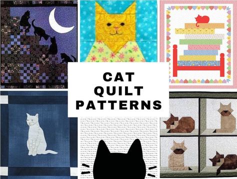 Cat Quilt Block Pattern Free, Cat Quilt Block, Fun Quilts, Cat Quilts, Cat Quilt Patterns, Wall Quilt Patterns, Sewing Quilts, Mini Quilt Patterns, Cat Applique