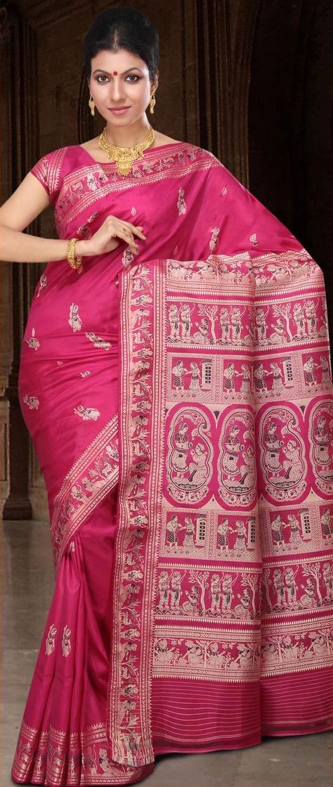 Magenta Bengal Handloom Baluchari #Silk #Saree With #Blouse @ US $177.97 Engagement Saree Look, Usa Dollar, Baluchari Saree, Indian Bridal Sarees, Designer Silk Sarees, Latest Designer Sarees, Utsav Fashion, Designer Sarees Online, Silk Saree With Blouse