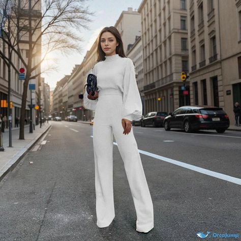 Orcajump - Stylish and Casual Long Sleeve Jumpsuit with High Collar and Wide Leg Pants Long Jumpsuit Outfit, White Long Jumpsuit, White Long Sleeve Jumpsuit, Fitted Jumpsuit, Long Sleeve Jumpsuit, Leg Design, Lantern Sleeves, High Collar, Dressmaking