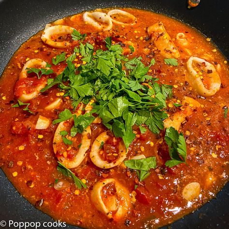 Calamari Fra Diavolo - Poppop Cooks Calamari Fra Diavolo, Calamari Fra Diavolo Recipe, Sauteed Calamari Recipes, Cooking Calamari, Seafood Main Course, Fra Diavolo, Squid Recipes, Calamari Recipes, Cream Sauce Pasta