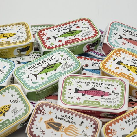 Miss Can - Premium Tinned Fish Fishing Booth, Tinned Fish, Fish Graphic, Vintage Patches, Post Stamp, Fresh Fish, Creative Packaging, Canned Food, Fish Design