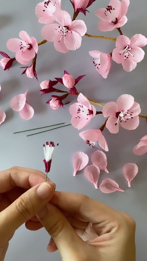 Cherry Blossom Project, Paper Mache Cherry Blossom Tree, Paper Flower Display, Cherry Blossom Craft, Origami Cherry Blossom, Bride Basket, Simple Paper Flower, Crepe Paper Crafts, Crepe Paper Flowers Diy