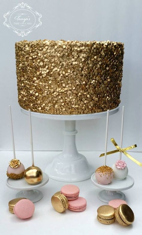 Golden Birthday Cakes For Girls Gold, Blush Birthday Party, Blush Cake, Gold Cake Pops, Gold Macarons, Rose Cake Pops, Golden Birthday Cakes, Diamond Birthday, Mommas Girl