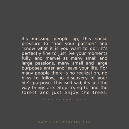 It's messing people up, this social pressure to "find your passion" and "know what it is you want to do". It's perfectly fine to just live your moments fully, and marvel as many small and large passions, many small and large purposes enter and leave your life. For many people there is no realization, no bliss to follow, no discovery of your life's purpose. This isn't sad, it's just the way things are. Stop trying to find the forest and just enjoy the trees. - Sally Coulter Find Your Passion, Live Life Happy, When Youre Feeling Down, Social Quotes, Social Pressure, Just Live, Love Life Quotes, Life Quotes To Live By, Feeling Down