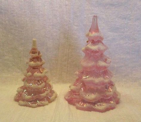 SET OF TWO VTG. " FENTON " PINK IRREDESCENT GLASS CHRISTMAS TREES W. GOLD TEDDY  #Fenton Pink Irredescent, Glass Christmas Trees, Glass Pottery, Fenton Glass, Glass Christmas Tree, Christmas Trees, Art Glass, Glass Art, Trees