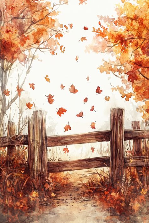 Watercolor illustration of fall drawings aesthetic featuring autumn leaves floating around a rustic fence, showcasing easy fall drawings techniques with soft earth tones and loose brushstrokes. Drawing Ideas Fall Aesthetic, Whimsical Autumn Aesthetic, November Aesthetic Drawings, Fall Art Watercolor, Easy Autumn Drawings, Autumn Sketches Pencil, Autumn Drawing Aesthetic, Autumn Aesthetic Drawing, Fall Aesthetic Drawing