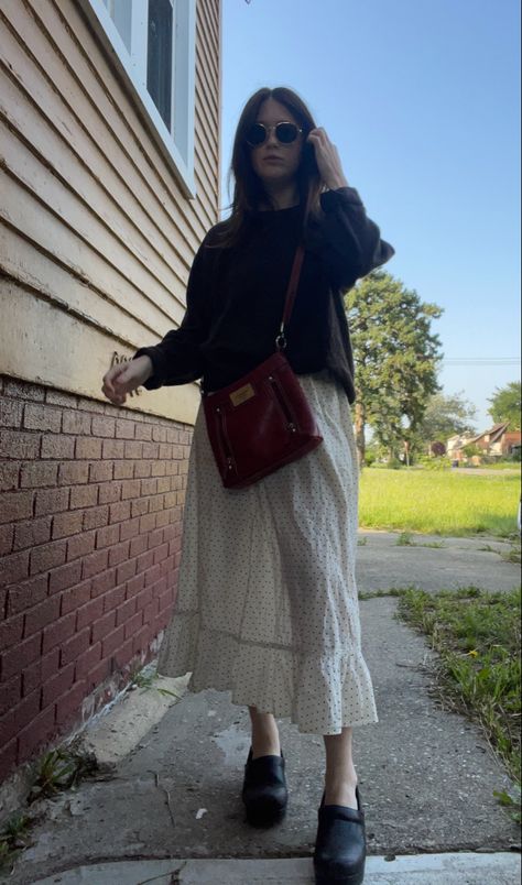 Cashmere sweater. Polka dot maxi skirt. Dansko clogs. Red leather purse. Clogs And Skirt Outfit, Black Dansko Clogs Outfit, Clogs And Dress, Mia Clogs Outfit, Heel Clogs Outfit, How To Wear Dansko Clogs, Dansko Clogs Outfit Professional, How To Style Dansko Clogs, Clogs Winter Outfit