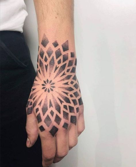 Geometric Hand Tattoo Men, Mandala Hand Tattoo Men, Mandala Dotwork Tattoo Design, Dot Work Tattoo Design, Geometric Tattoo Hand, Tattoo Main, Dotwork Tattoo Mandala, Pointillism Tattoo, Geometric Tattoo Sleeve Designs