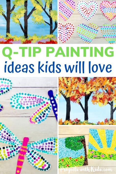 Q-tip painting is always a favorite painting activity for kids and these q-tip painting ideas will have kids being creative and having fun! Kids can use a single q-tip to dot on a design, bundle q-tips together to create leaves, bushes, and flowers, or use q-tips to create a pointillism painting. Easy Spring Paintings For Kids, Q Tip Dot Painting, Dot Paint Preschool Activities, Kindergarten Painting Projects, Art With Q Tips, Q Tip Painting Preschool, A Tip Painting, Q Tip Painting Ideas, Crafts With Q Tips